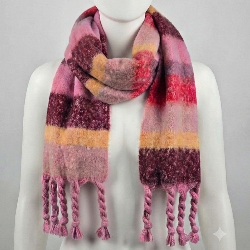 Steve Madden Chunky Pink Multi Striped Brushed Scarf Braided Tassel Fringe NWT